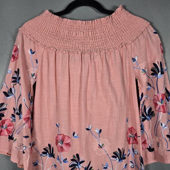 Velzera Embroidered Peasant Top Womens Small Pink Floral Smocked Bow Cotton - Picture 7 of 11